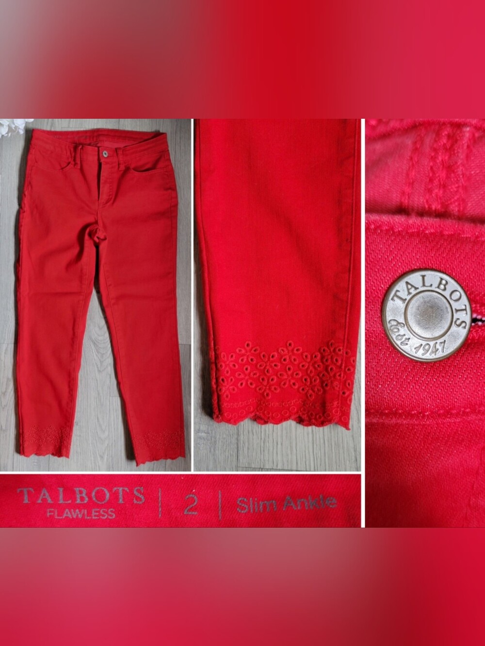 Talbots Red Flawless Scallop-Hem Denim Slim Ankle Trousers, Women's US 2